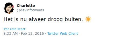Tweet with text 'Het is alweer droog buiten.' and sunny emoticon.
